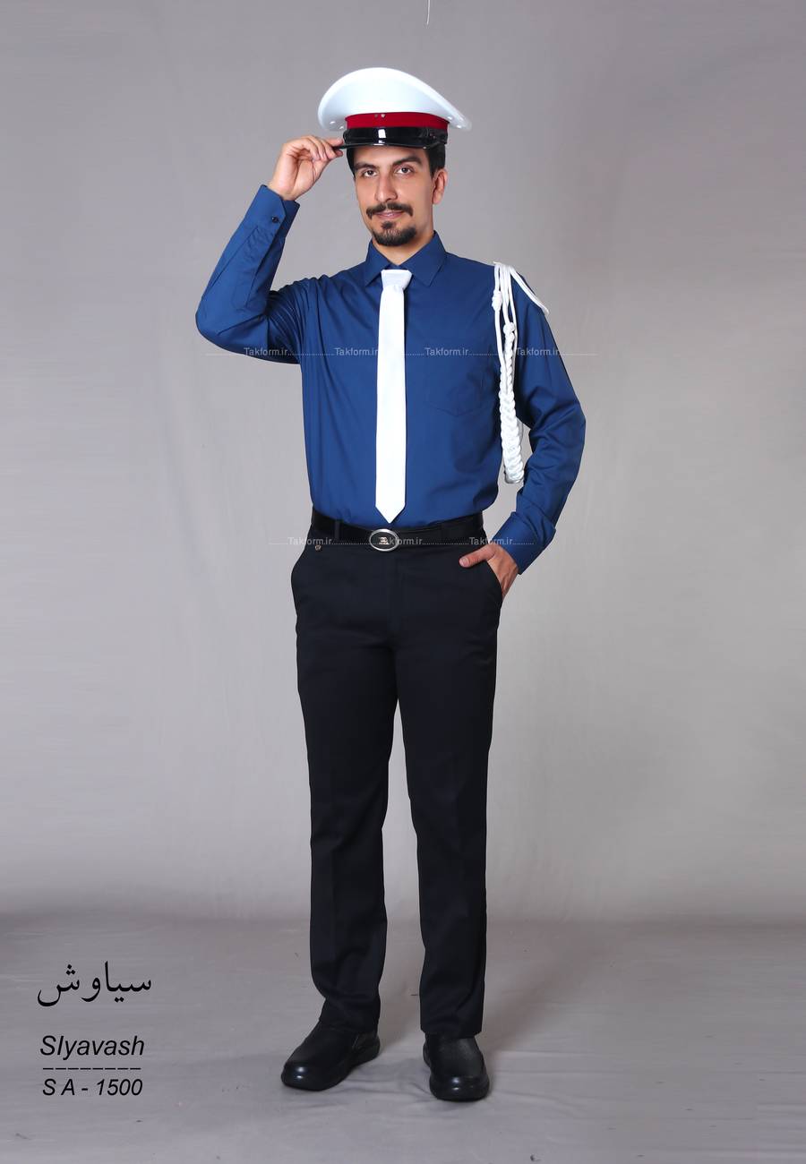 پیراهن آبی ، کروات ، کلاه ، واکسیل پیراهن اداری حراست مدل کیوان